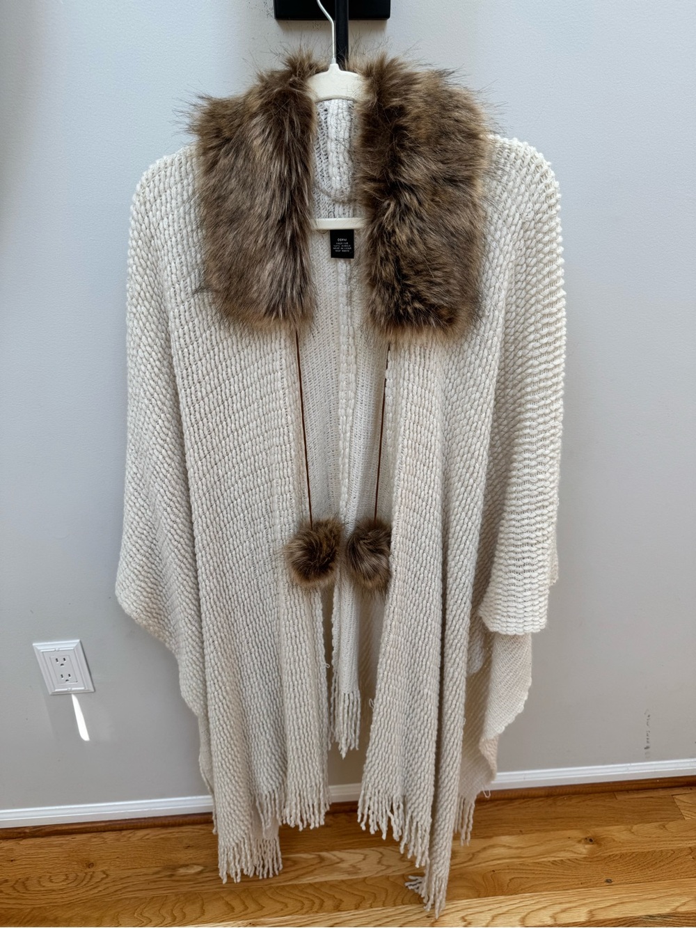 Cream Knit Poncho with Faux Fur Collar and Pom-Tie Details